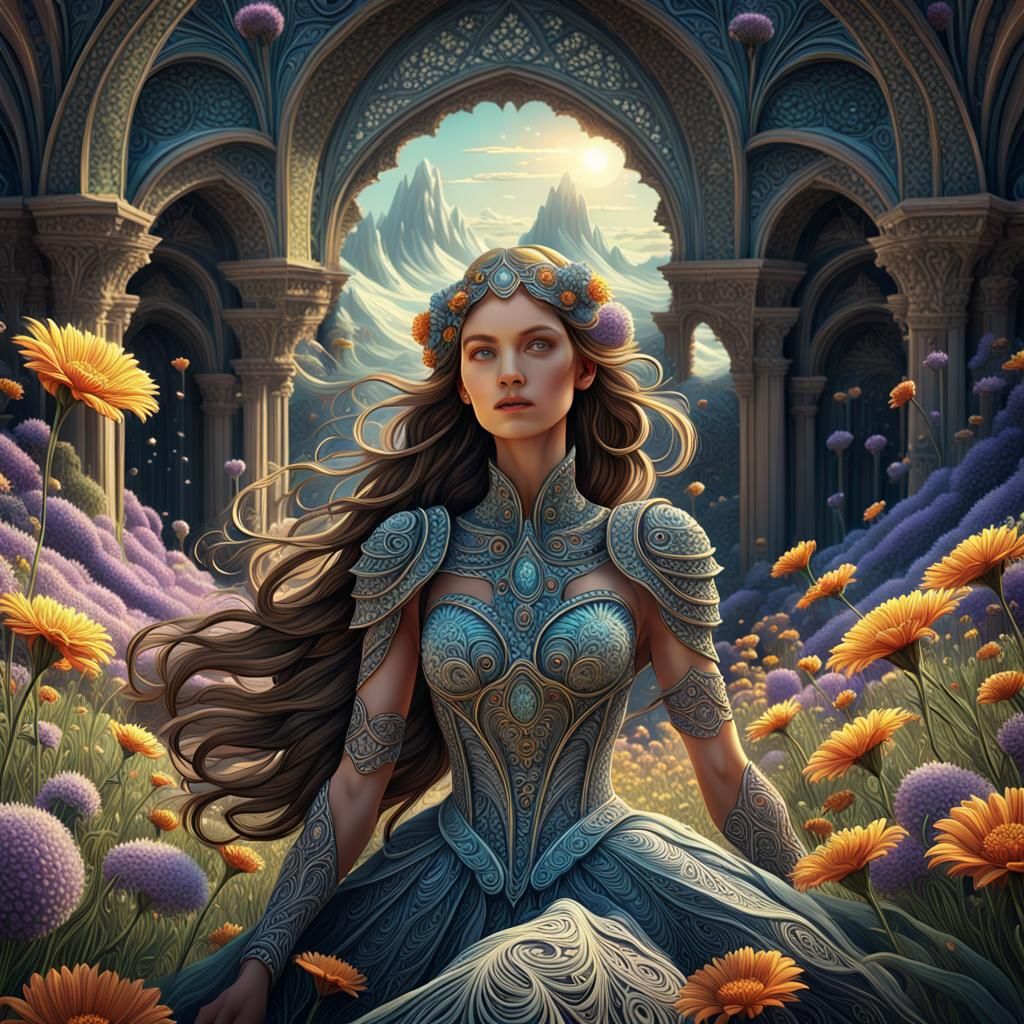 Maiden in Field of Flowers, Dark Fantasy Concept Art