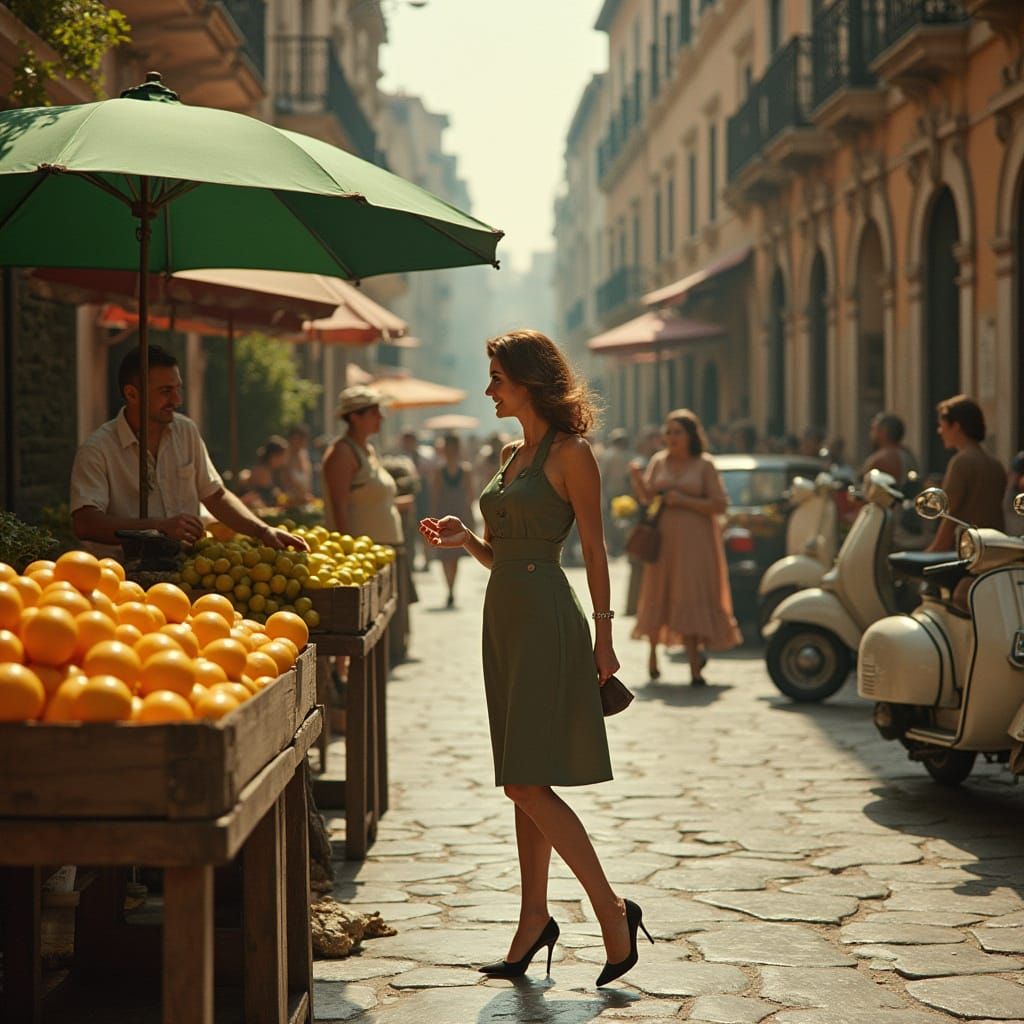 Rome Marketplace Scene in 1950s Vintage Style