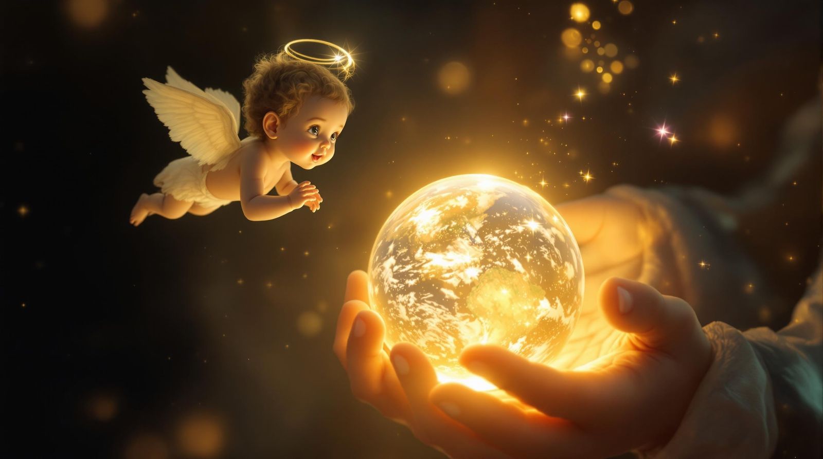 Serene Angel Contemplates a Glowing World Globe in Whimsical...
