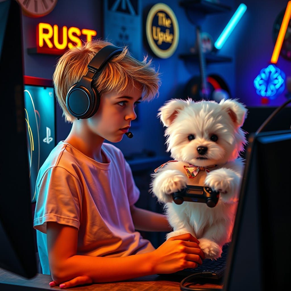 Gamer Boy Surrounded by Gaming Culture