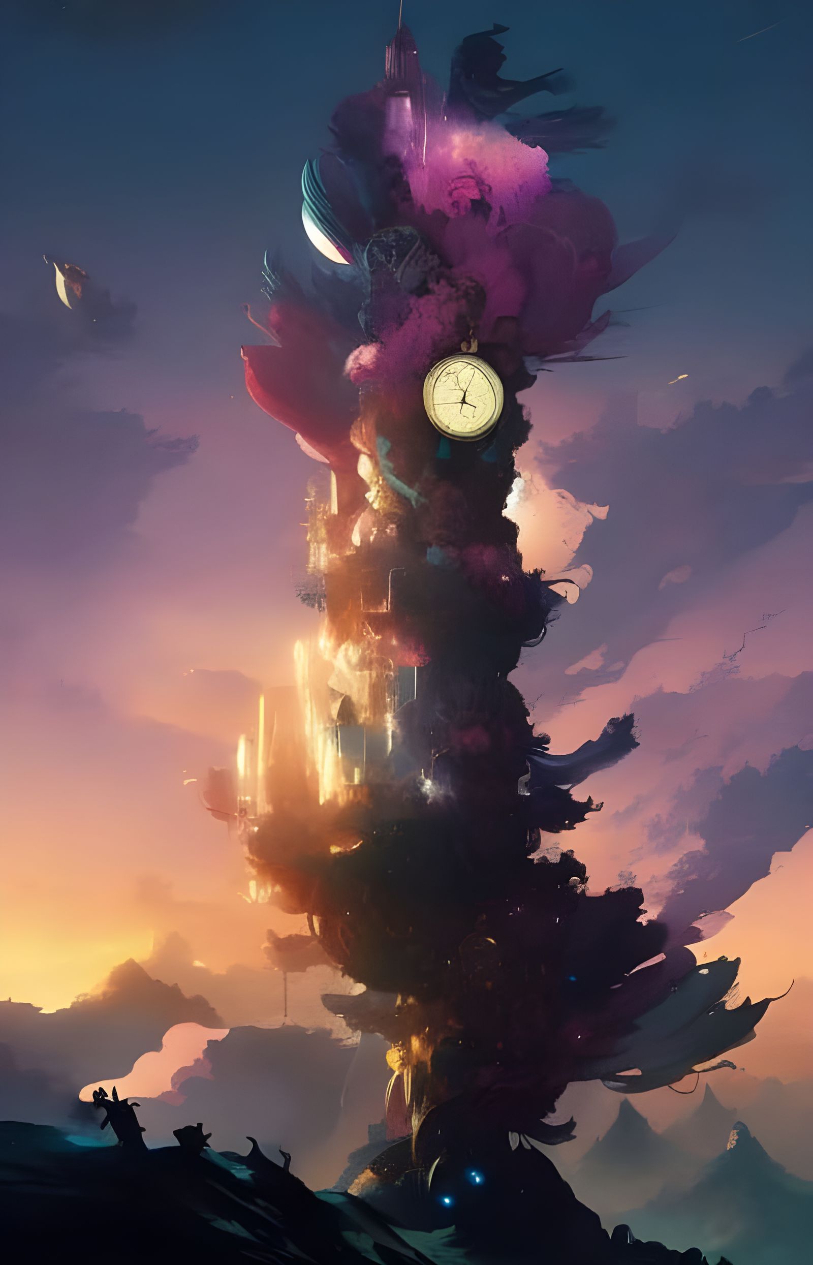 Cosmic Clocktower Time Eruption in Composite Art Style