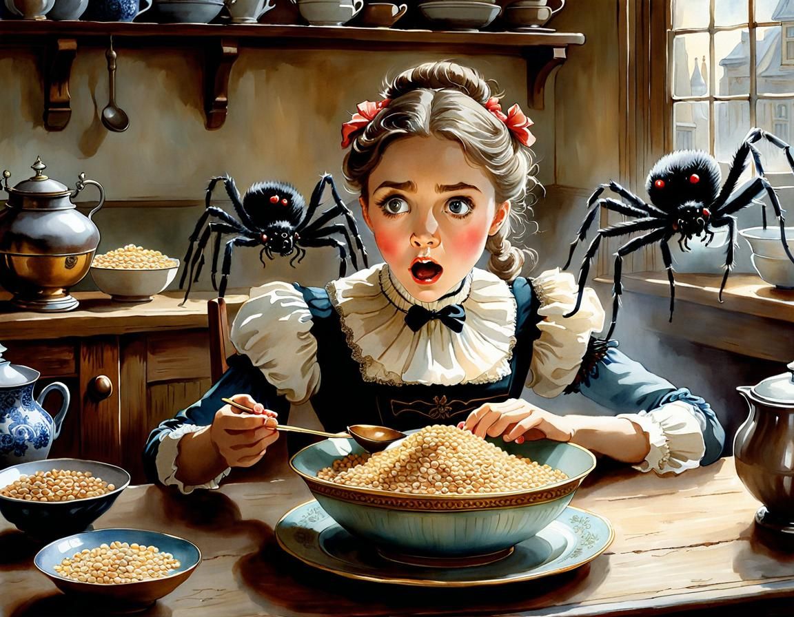 Victorian Girl Horrified by Spider, Watercolor Style