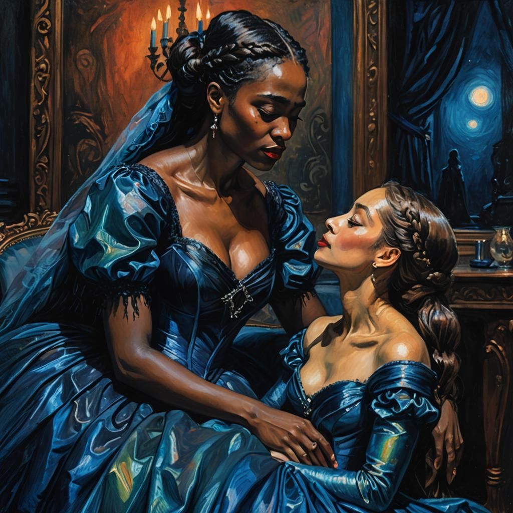 Ebony Queen and Vampire in Gothic Lounge as Pastel Painting