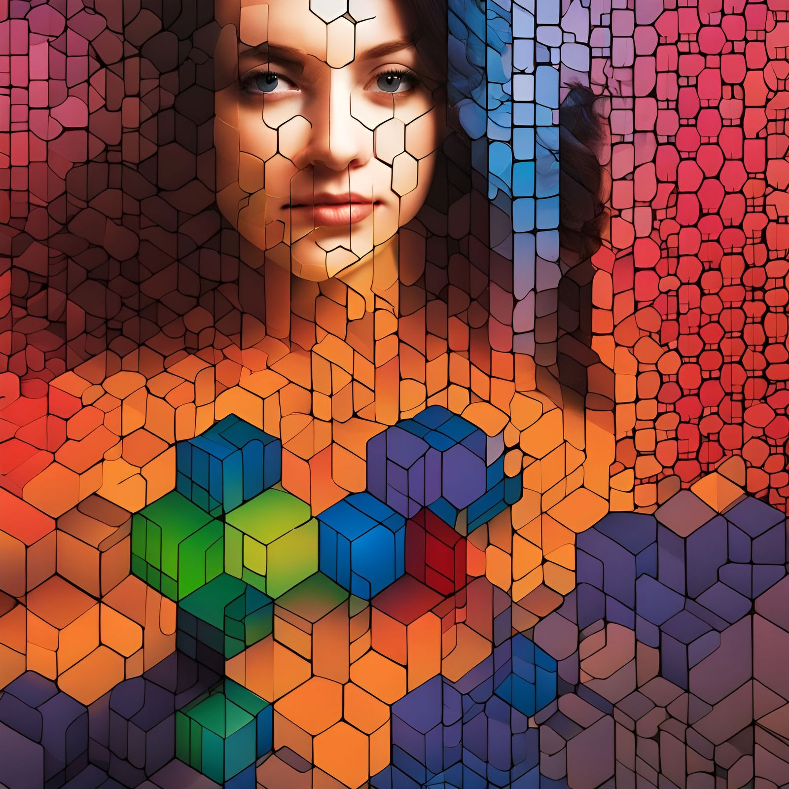 Hex cube Pixels in HDR with woman's face superimposed in it