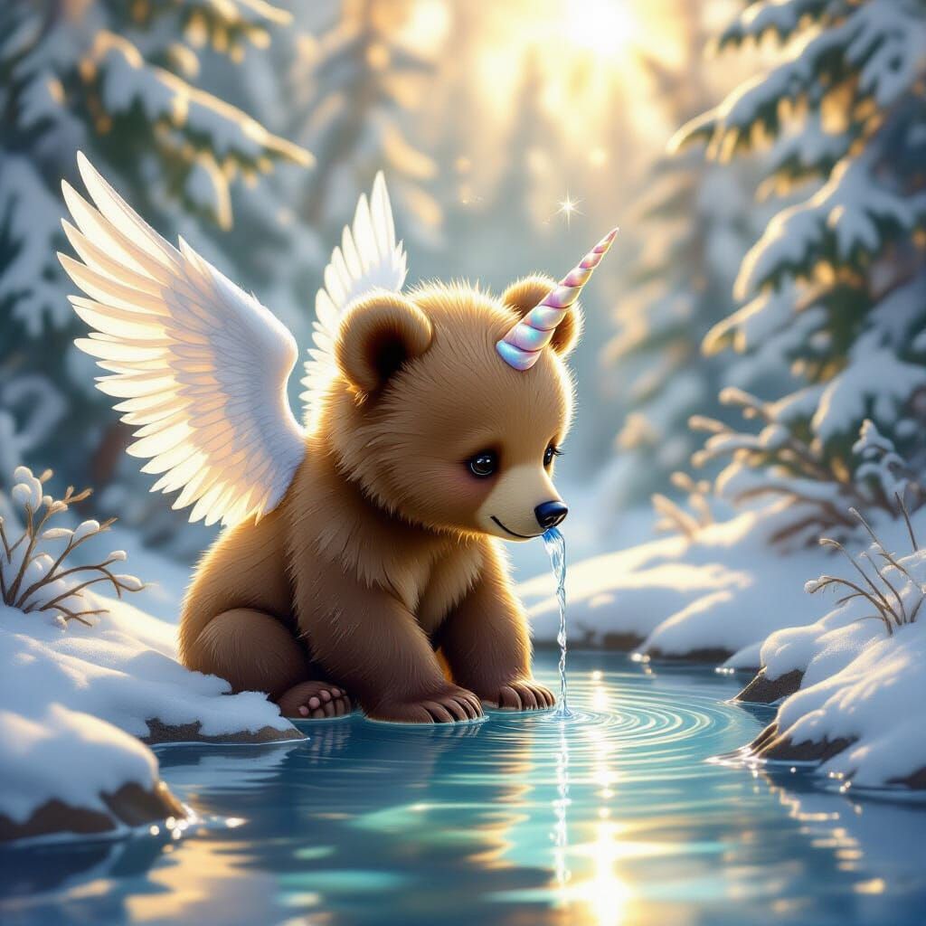 Adorable Angel Bear Drinks from Magical Winter Spring