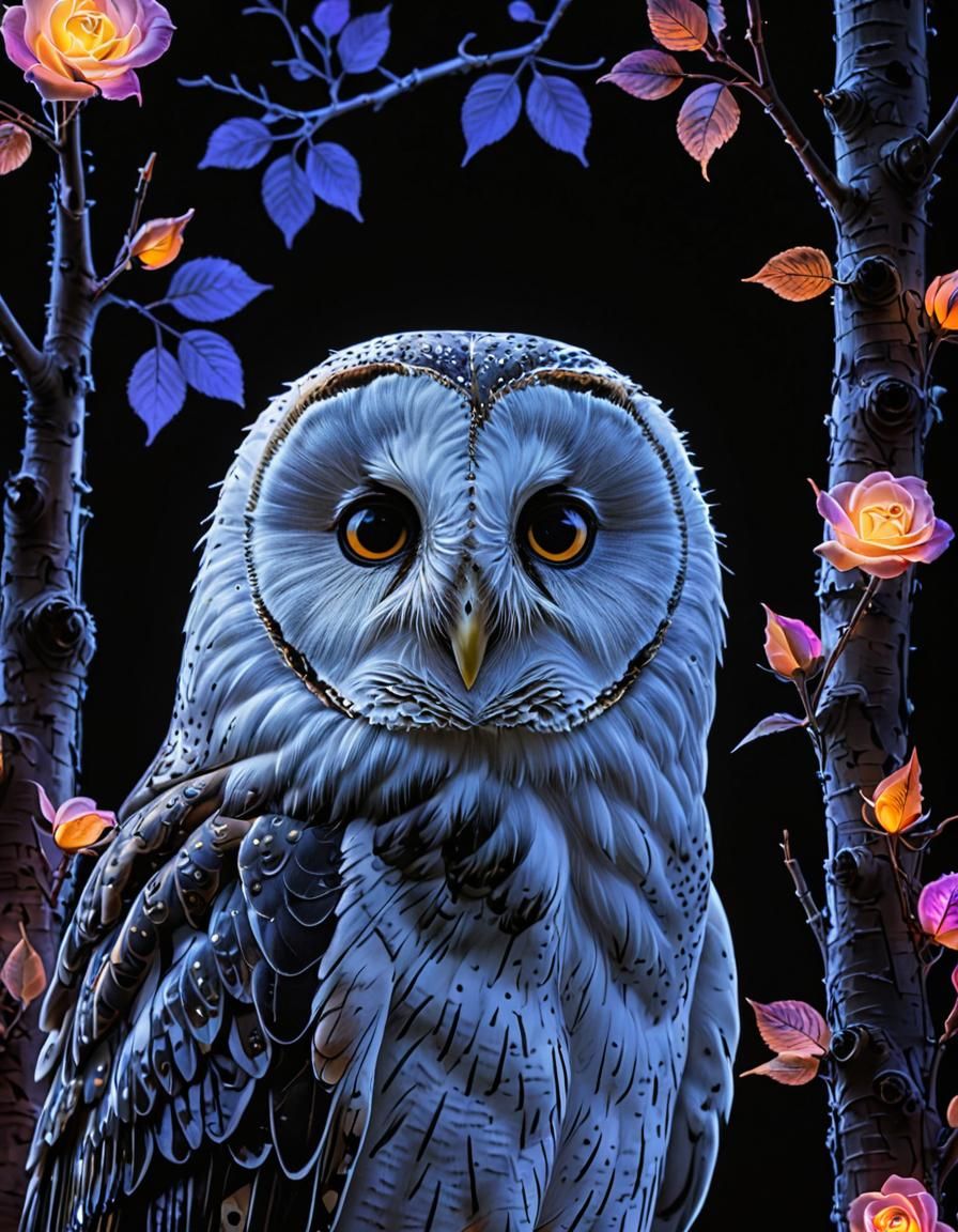 Holographic Barn Owl in Neon Lit Birch Forest