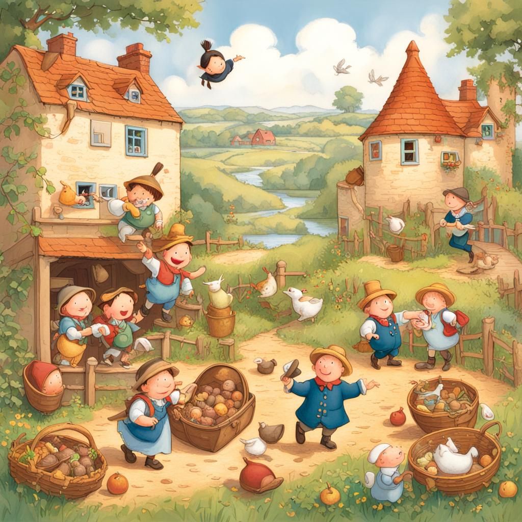 Playful scenes featuring characters from nursery rhymes engaged in delightful activities or adventures.