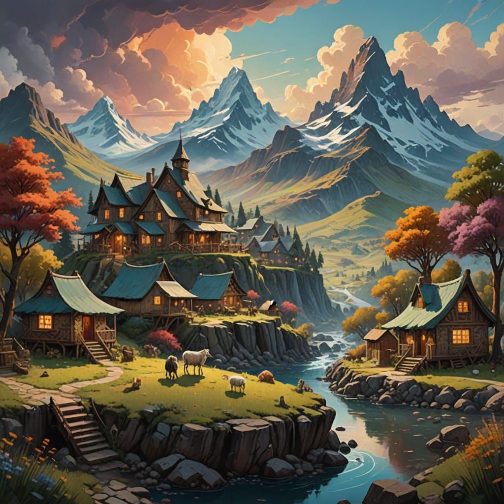 Surreal Stone-Age Village on Ornate Round Table in Impressio...