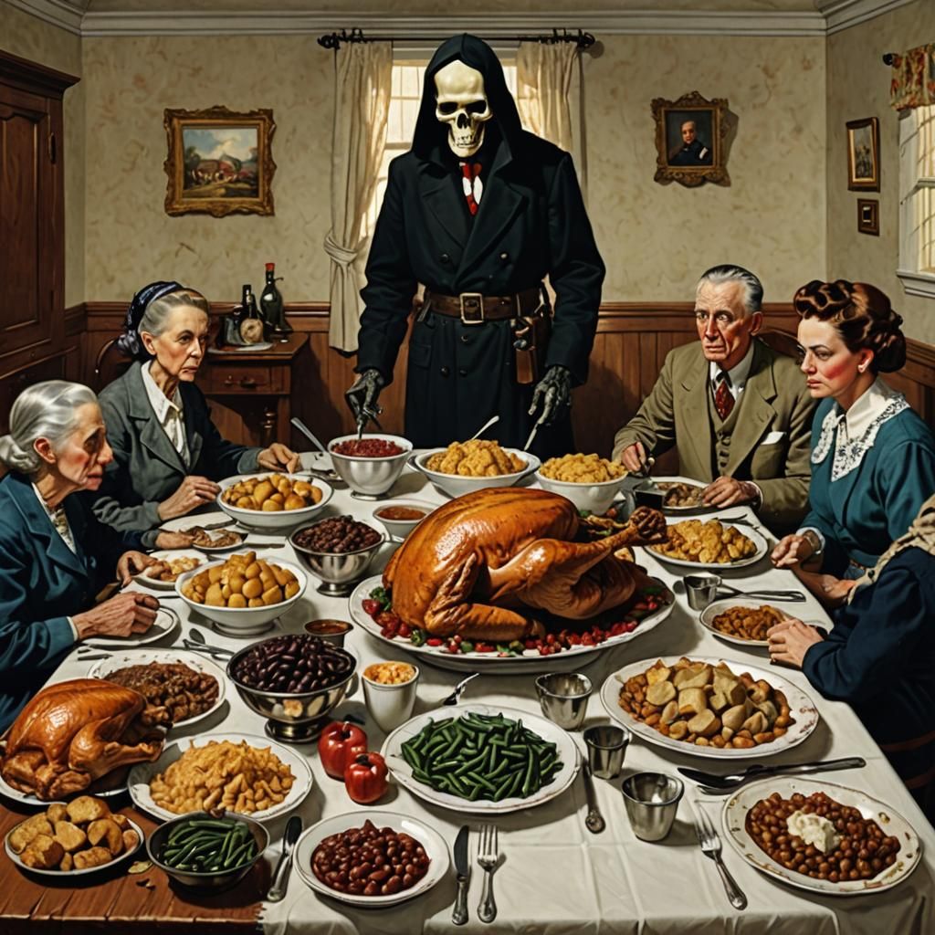 Macabre Thanksgiving Scene in Norman Rockwell Style