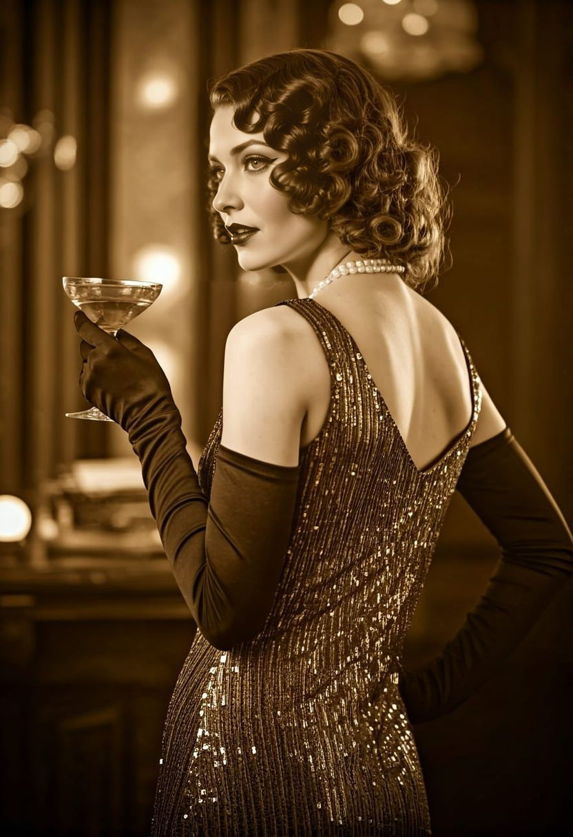 Elegant Woman in Sepia-Toned 1920s Speakeasy