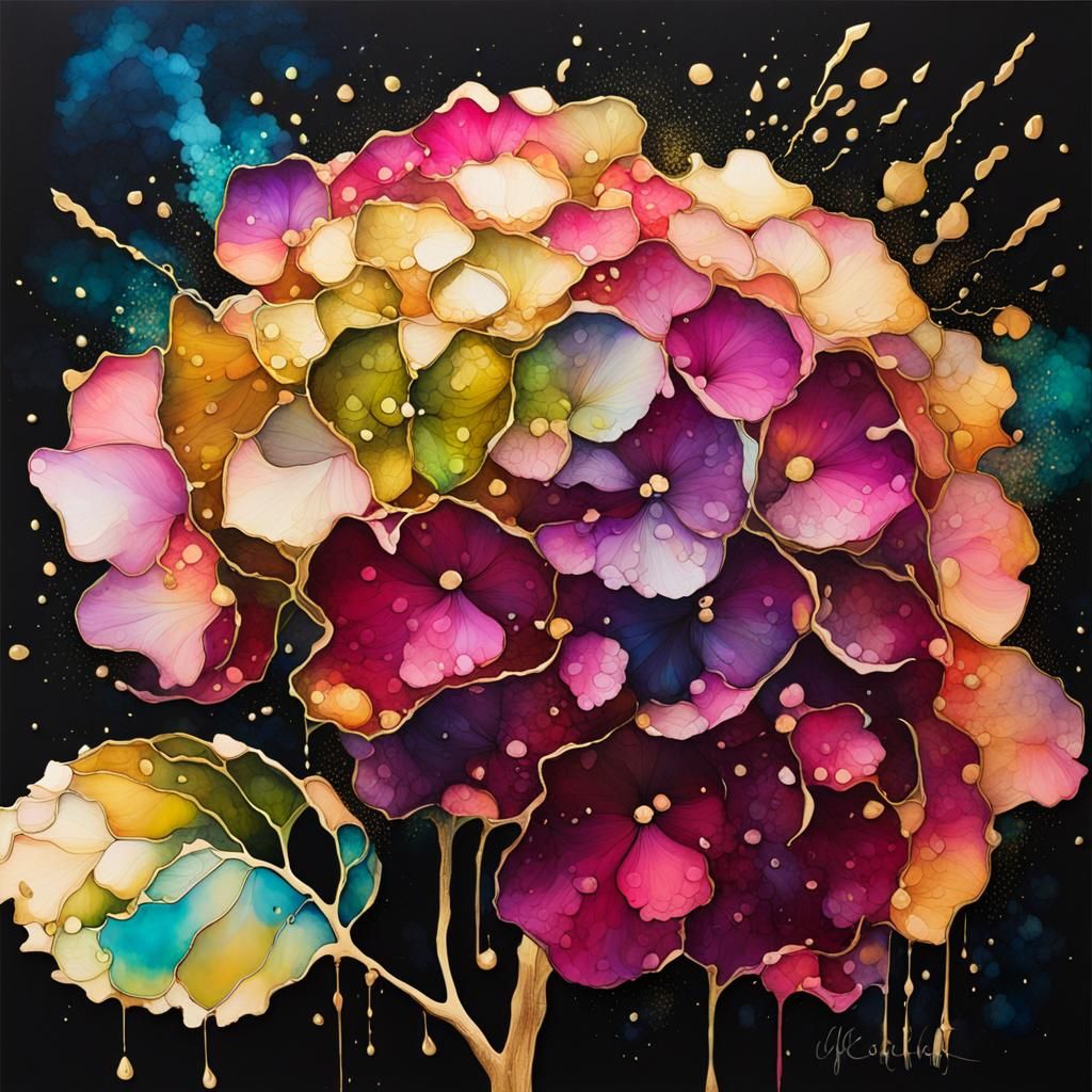 "A vibrant alcohol ink with oil art of a dramatic Huge Hydra...