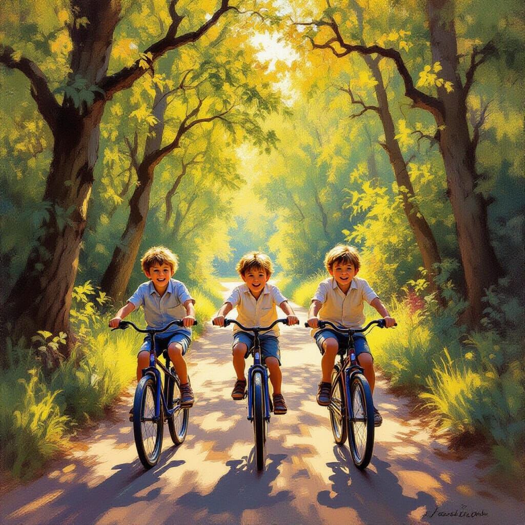 Boys Cycling on Sunlit Forest Path in Impressionist Style