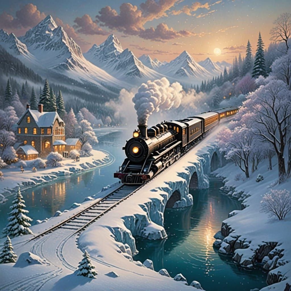 Giant Book on Frozen Lake with Glass Train