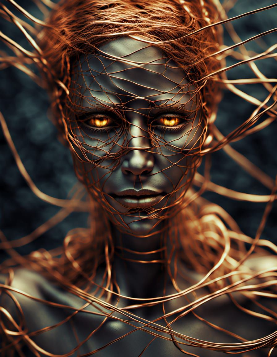 Surreal Face Wrapped in Glowing Wires, Oil Painting