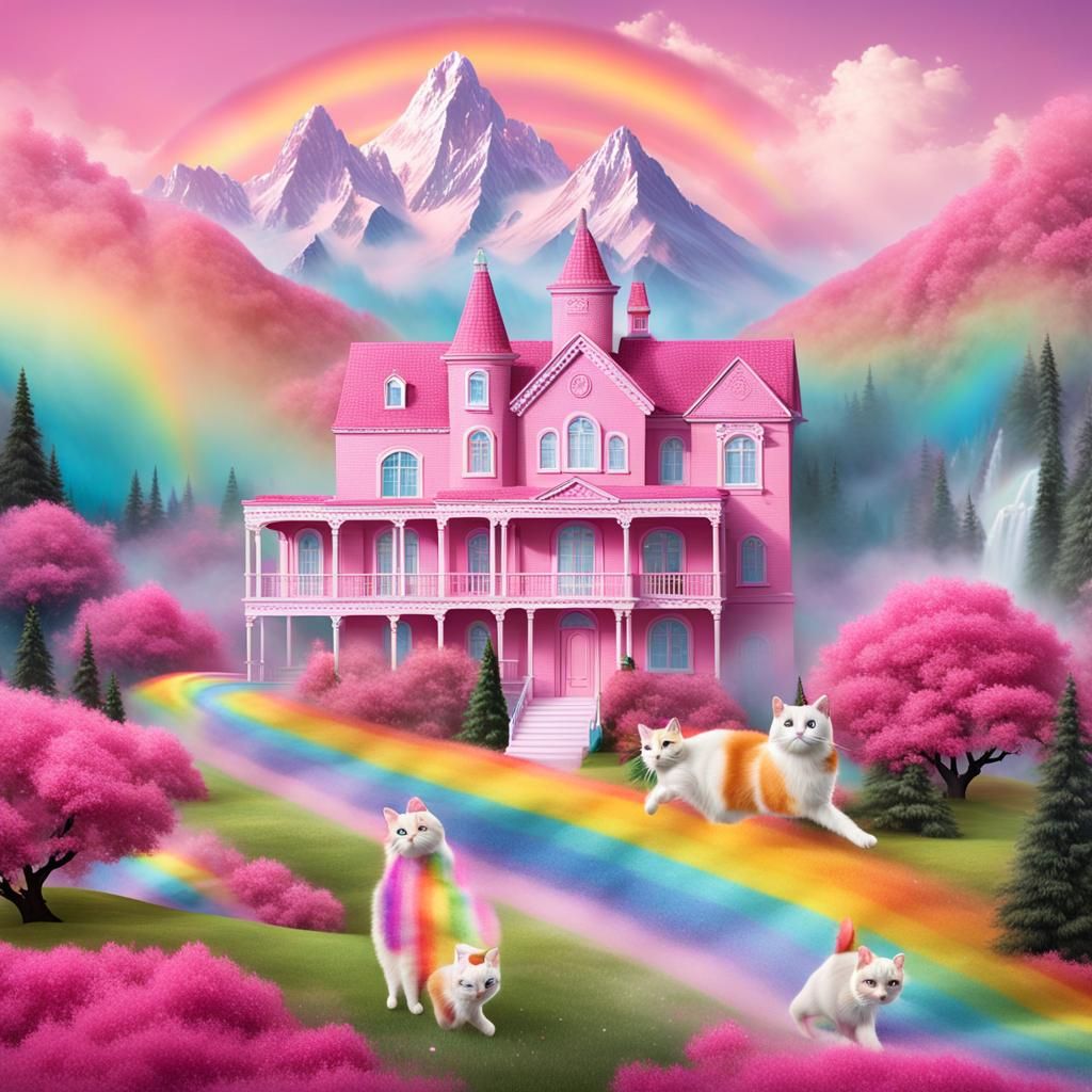Barbie Rides a Cat Through Rainbow Dreamscape