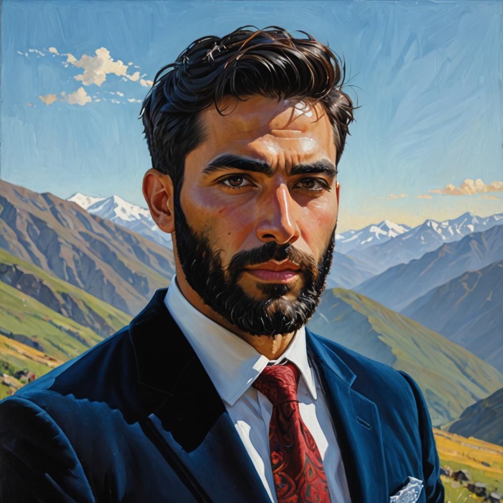 Neo-Expressionist Portrait in Mountains with Velvet Suit