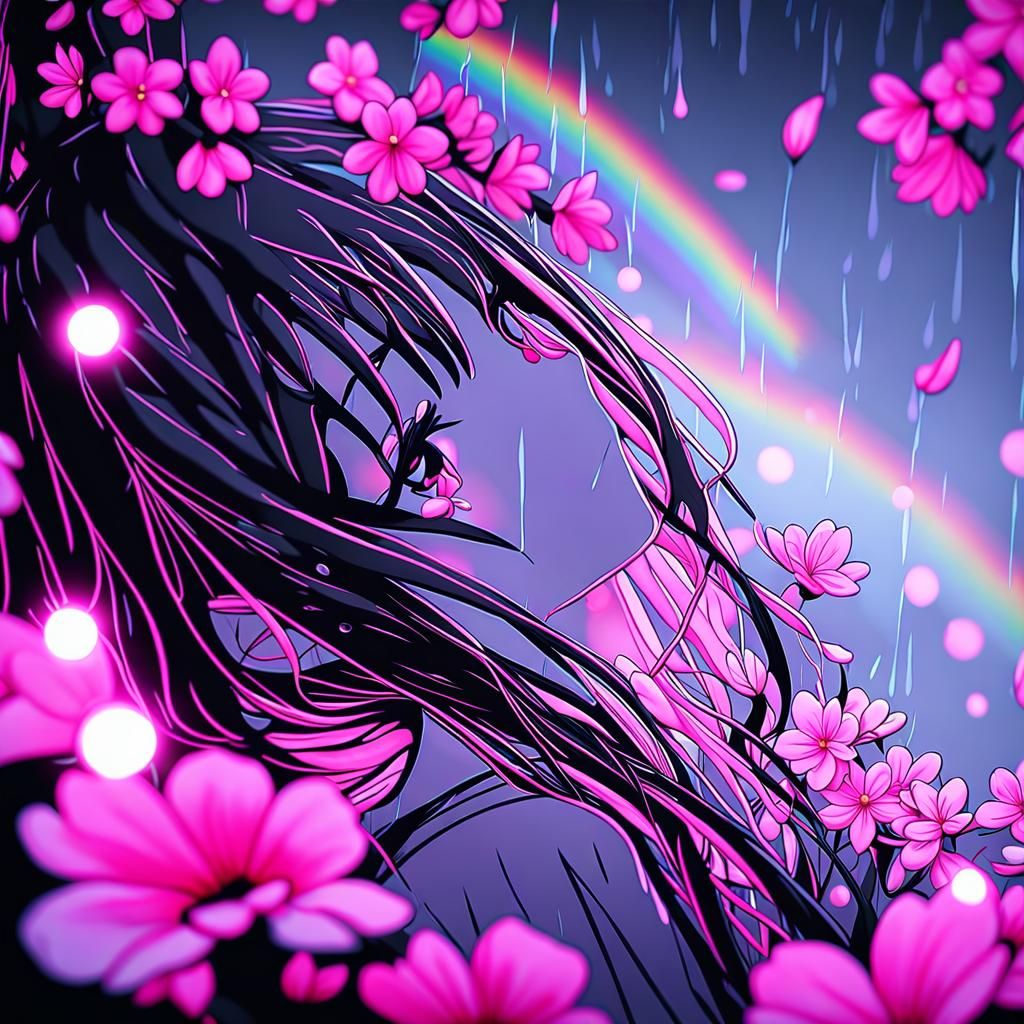 Anime Girl in Rain with Cherry Blossoms