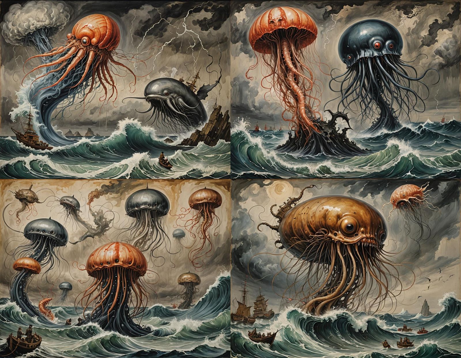 Chaotic Sea Creature Battle in Japanese Art Style