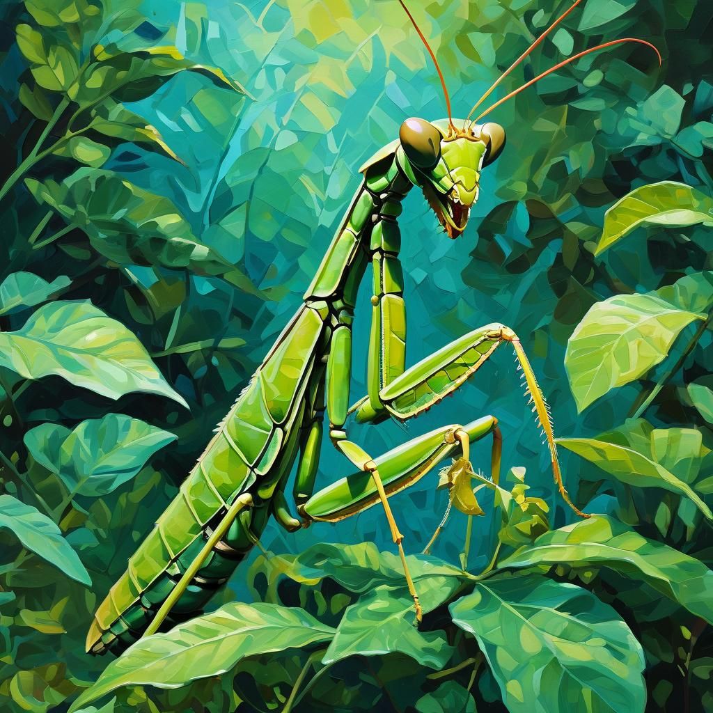 Praying Mantis on Shrub Leaves as Gouache Impasto