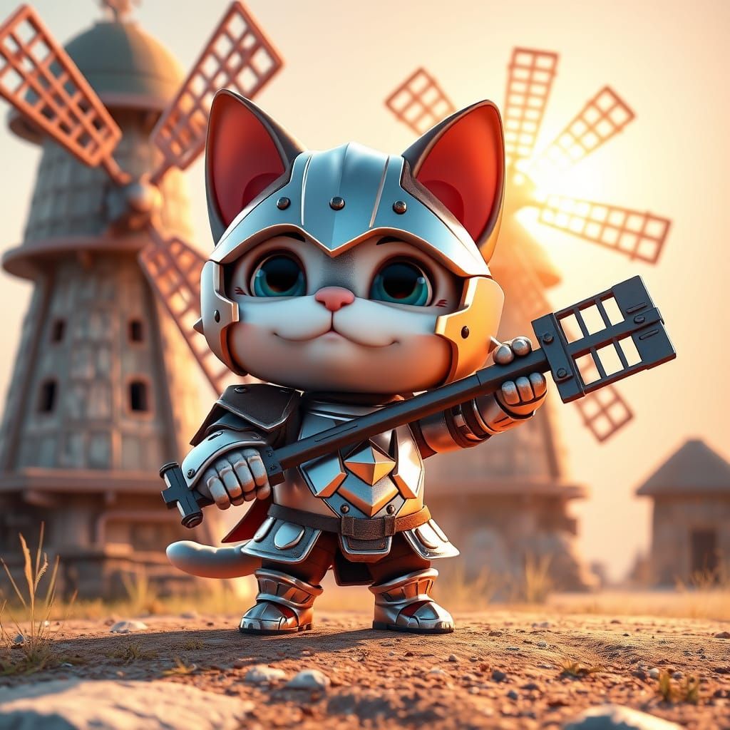 Chibi Cat Battles Windmill in 3D Digital Art