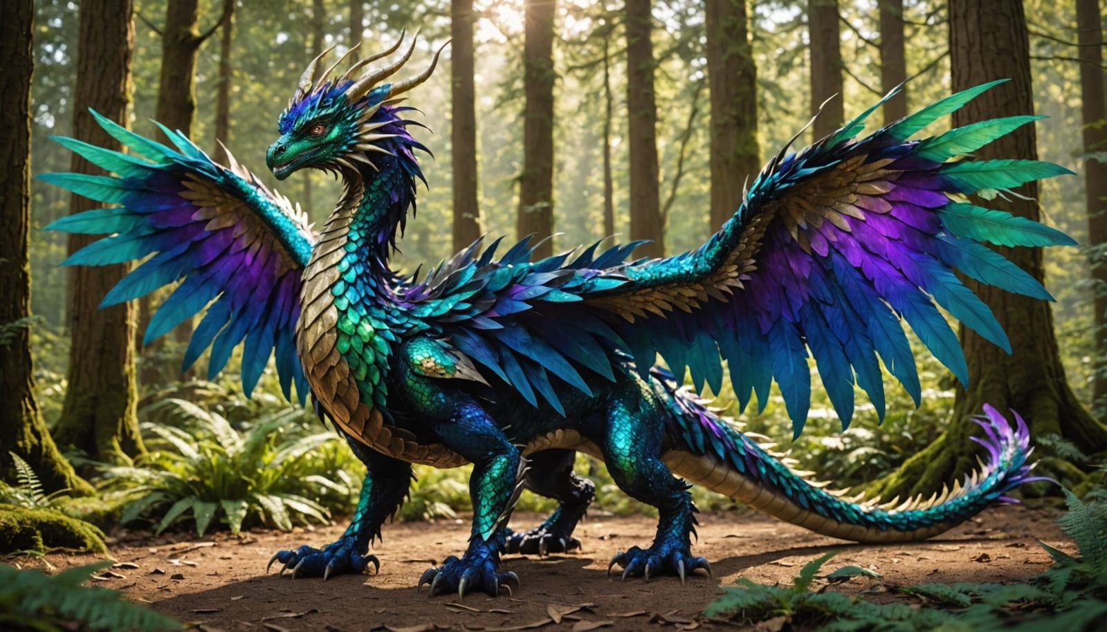 Majestic Feathered Dragon in Enchanted Forest