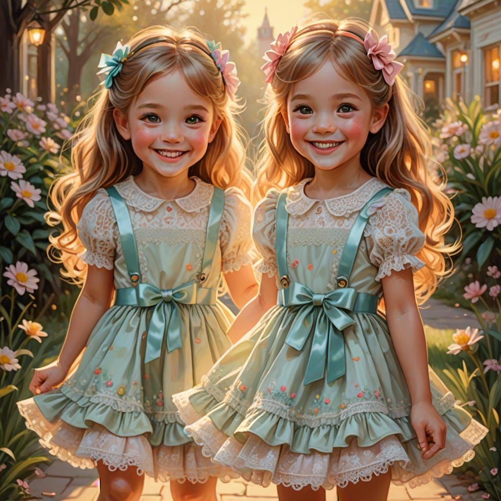 Adorable Twins in Whimsical Soft Pastel Style