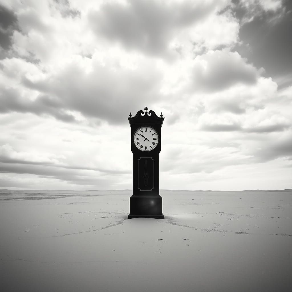 Surreal Black and White Photo of a Lonely Grandfather Clock