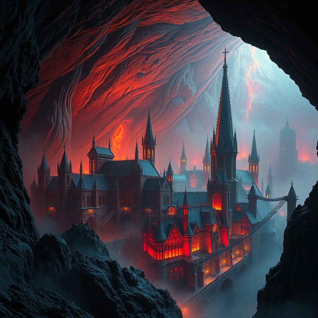 Mystical Gothic City in Cave, Surreal Digital Art