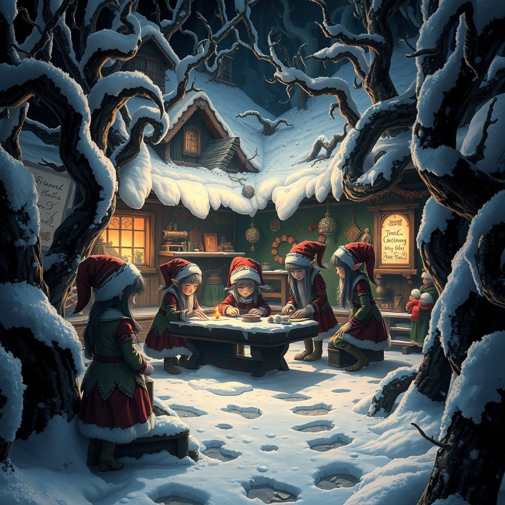 Dark Fantasy Christmas Elves in a Haunting Snowy Workshop