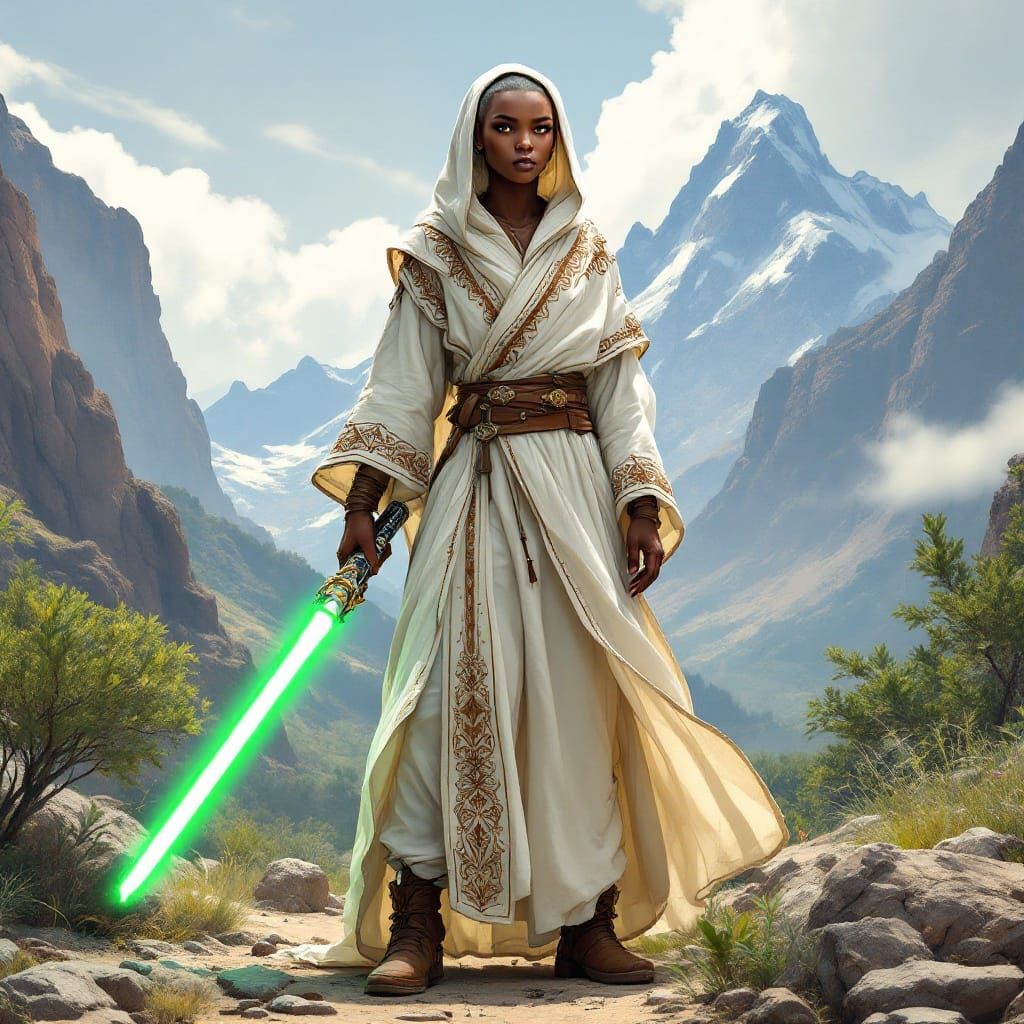 African Jedi Consular Stands Tall in Serene Mountain Landsca...