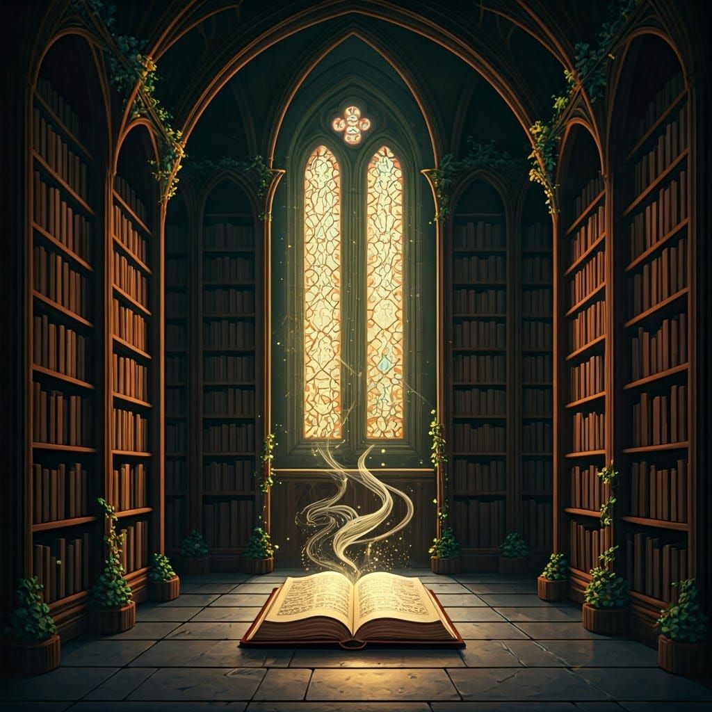 Enchanted Forest Library with Glowing Tomes