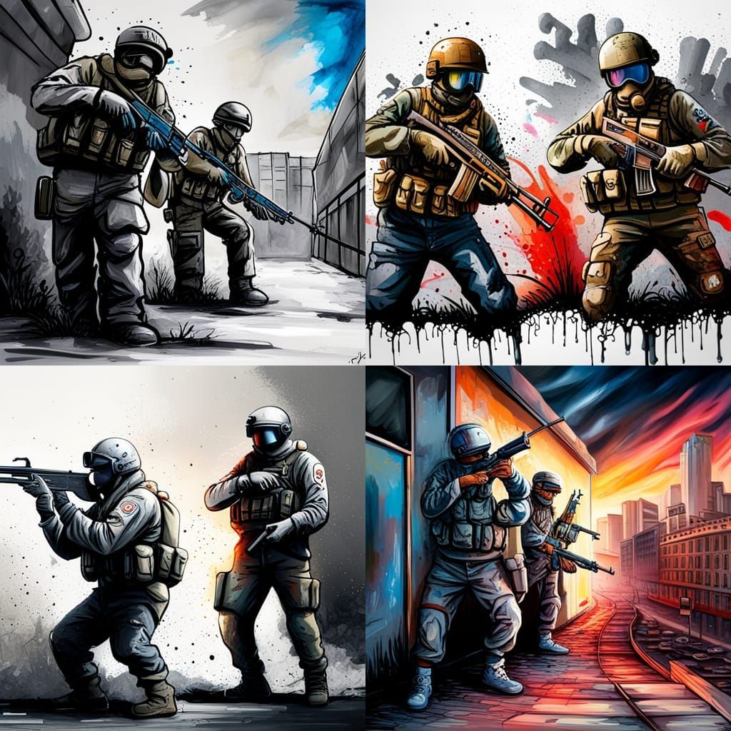 Soldiers with Guns in Graffiti Street Art