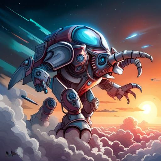 Cyberpunk Mecha Elephant Soaring Through the Sky
