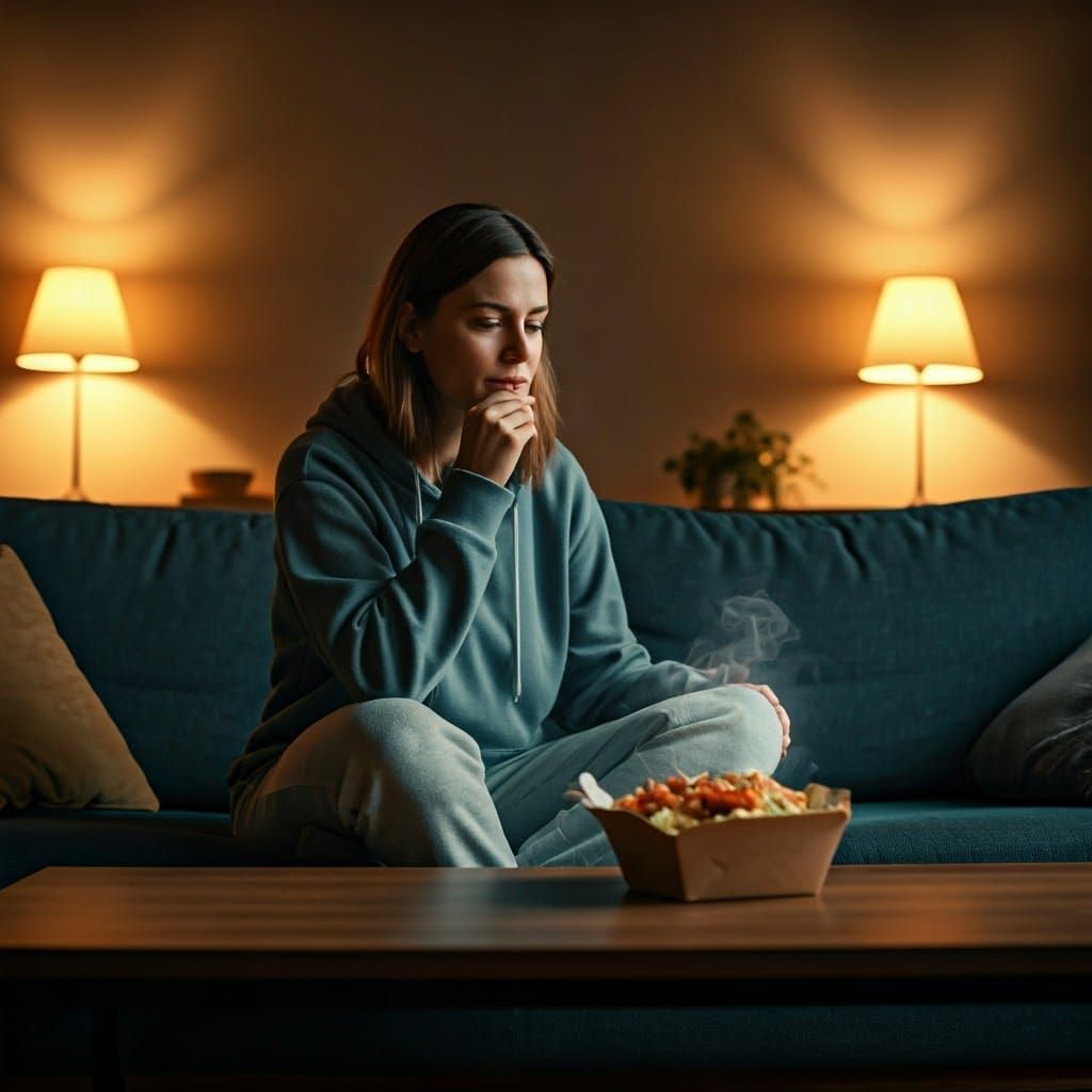 Cozy Night In: Woman with Takeaway Food