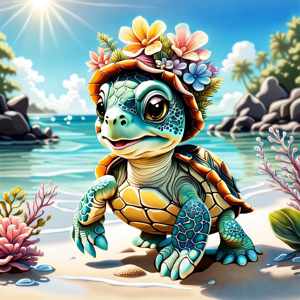 Cute Baby Turtle with Flower Bonnet on Beach