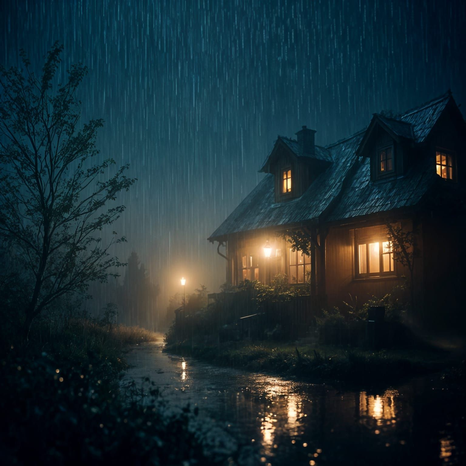 Distant House Light on Rainy Night with Bokeh