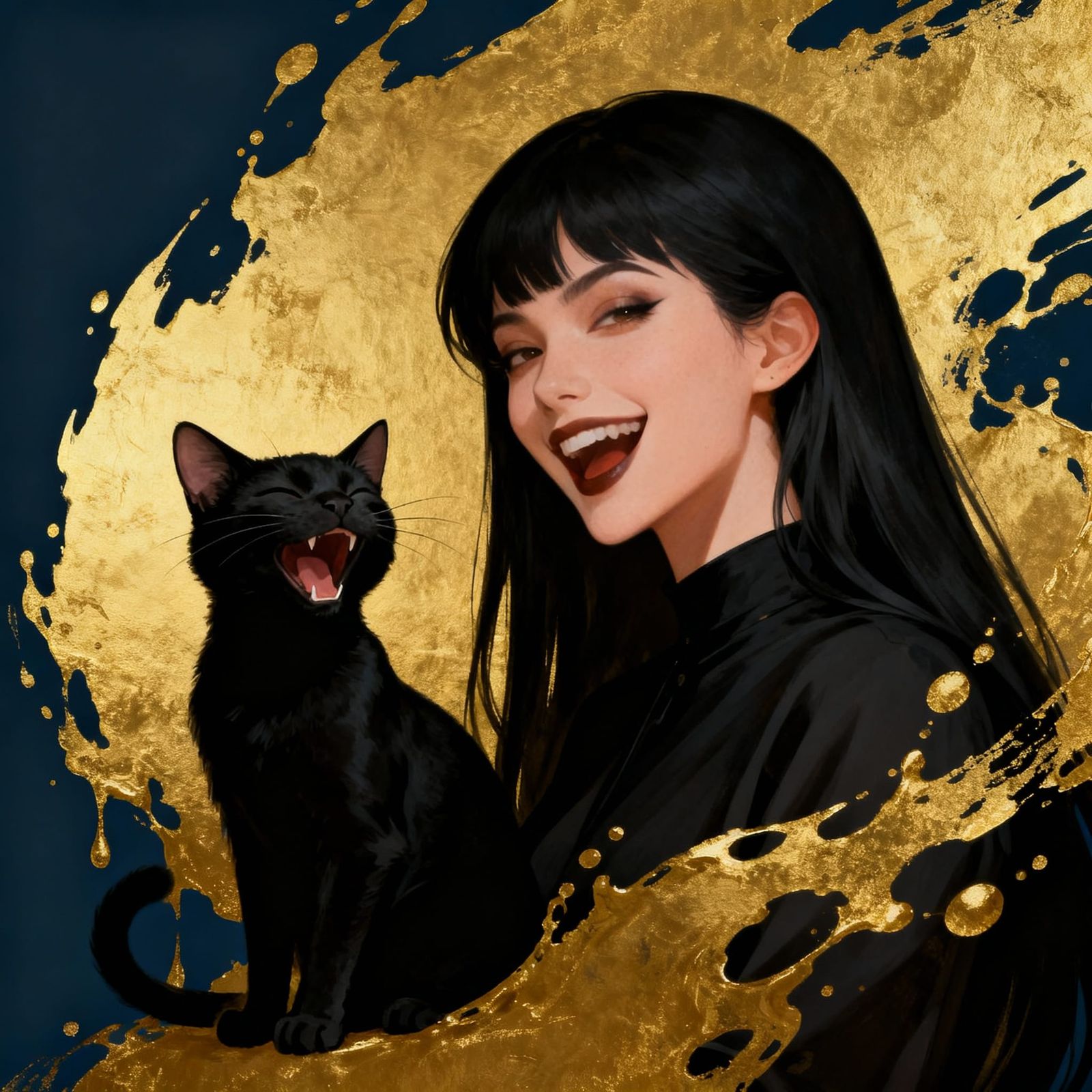 Woman With Laughing Cat in Minimalist Golden Portrait