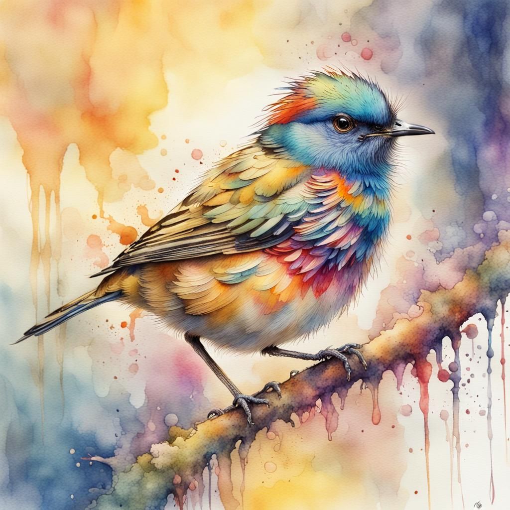Whimsical Watercolor Bird in a Golden Wonderland