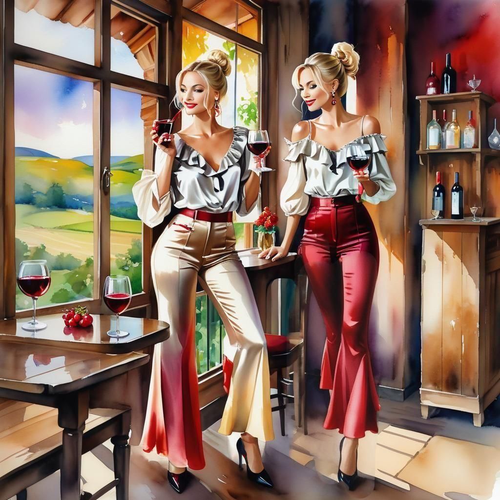 A stunning woman, with blonde hair, bun, wearing red bell-bo...