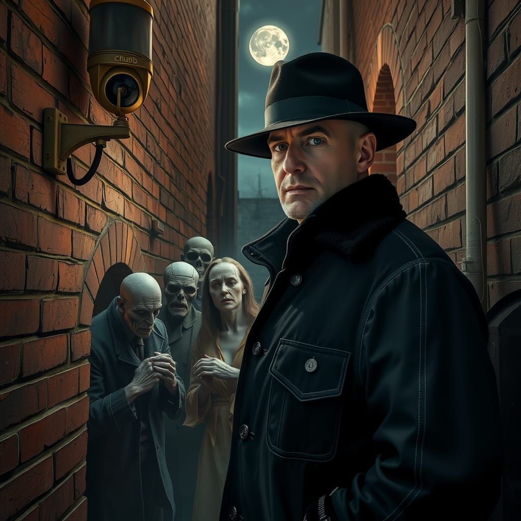 A lone Night Watchman Security guard, wearing a long, worn, ...