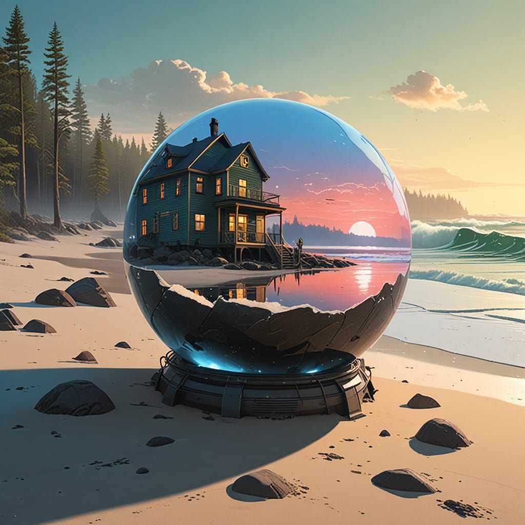 Luxurious Futuristic Beach Scene in Glass Orb