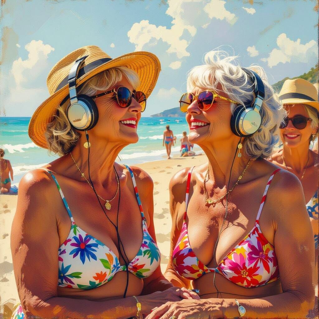 Elderly Women Enjoying a European Summer Beach in Oil Painti...