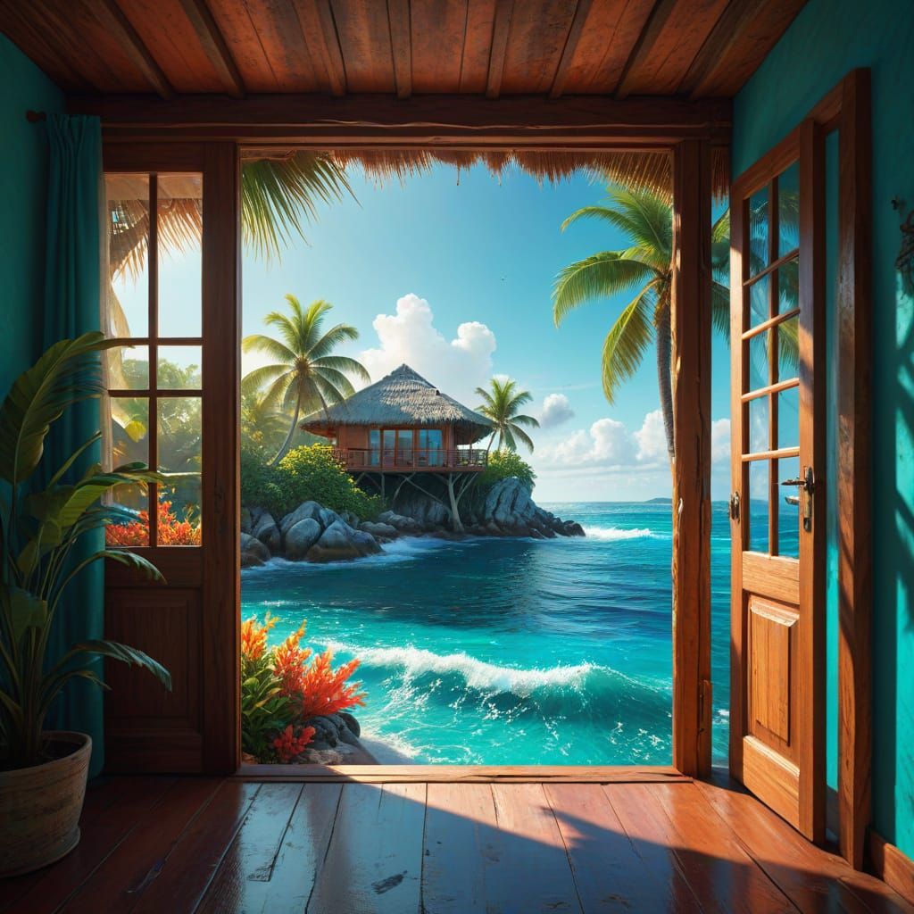 Surreal Overwater Paradise Scene in Hyperrealistic Digital A...