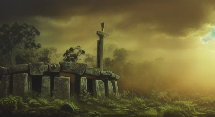 Post-Apocalyptic Stonehenge Chapel in Moody Jungle
