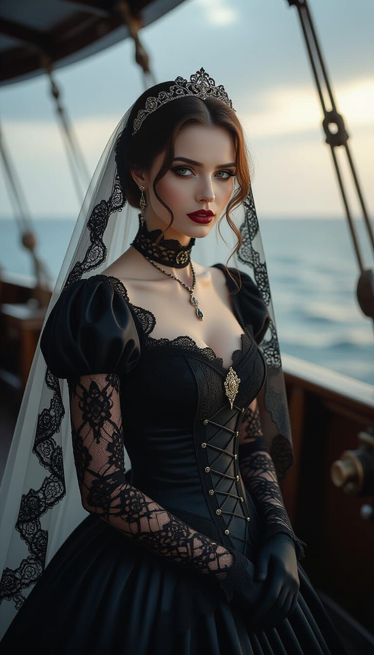 Gothic Vampire Bride on Steampunk Airship Deck