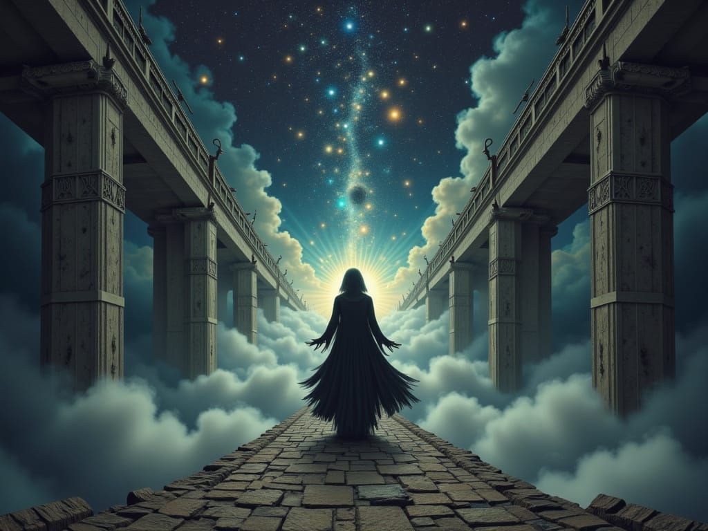 Ethereal Mystic Connects Realms Across Starry Cosmos