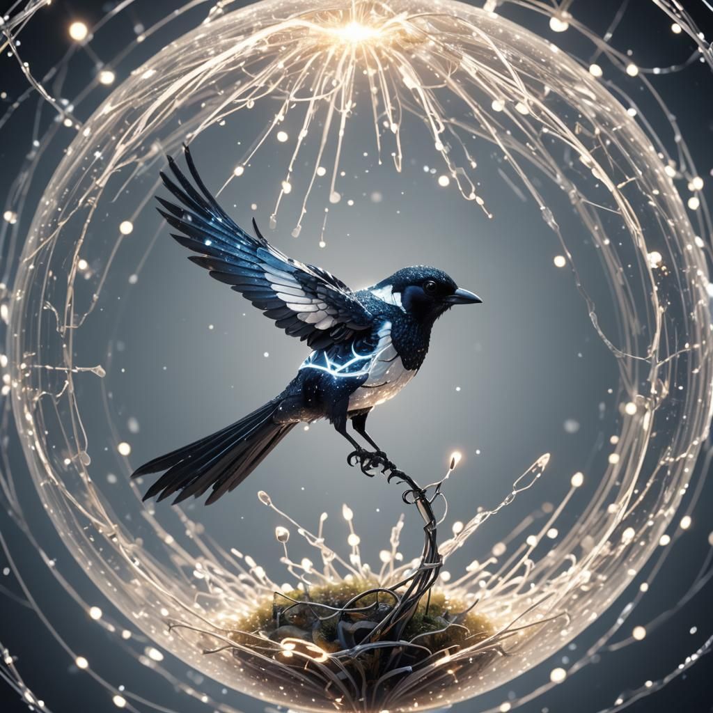 Glowing Cyberpunk Magpie in Crystal Globe