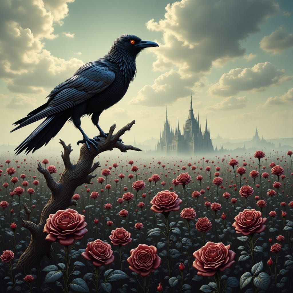 Chrome Crow on Ancient Branch with Dark Roses