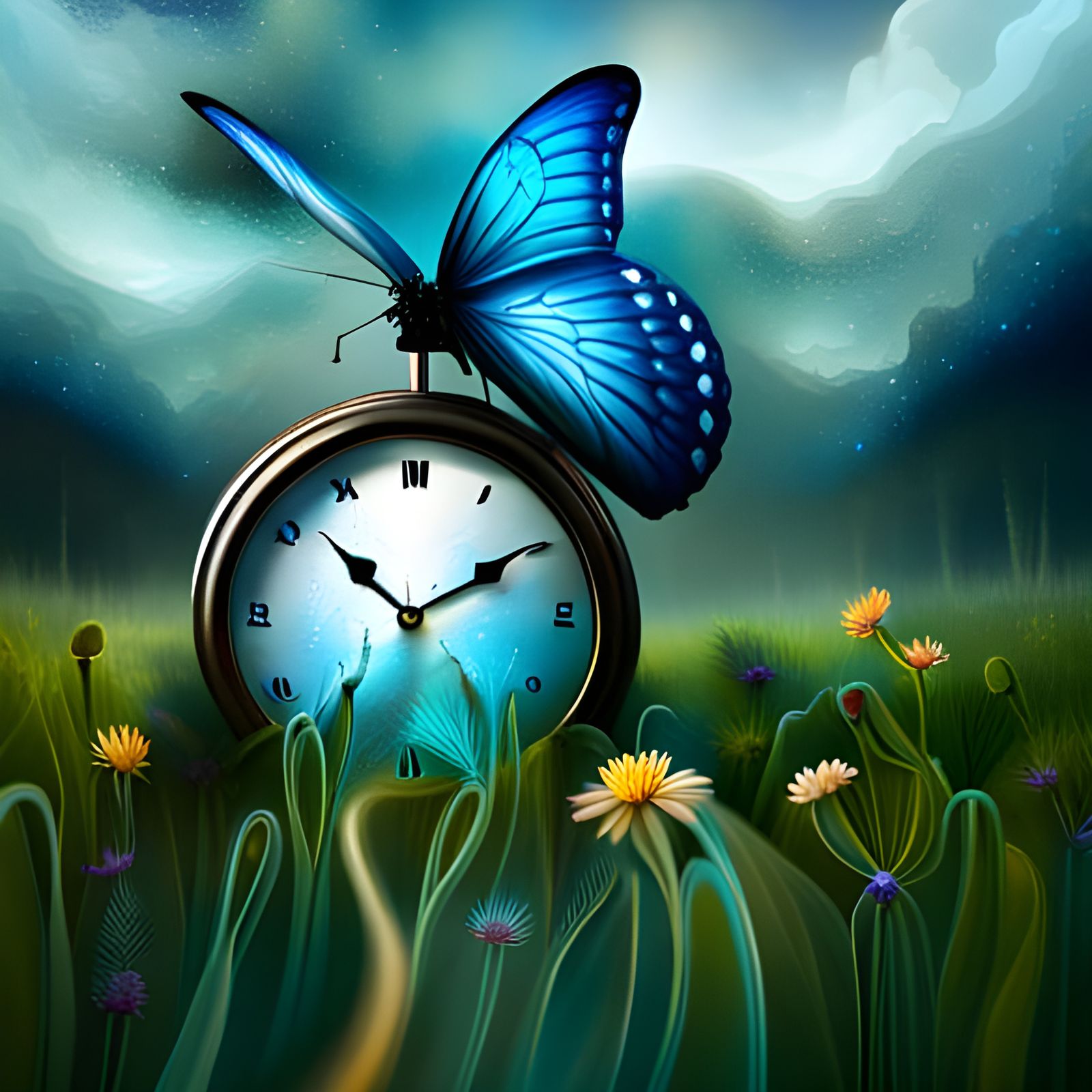 Blue Butterfly on Clock: Epic Digital Painting