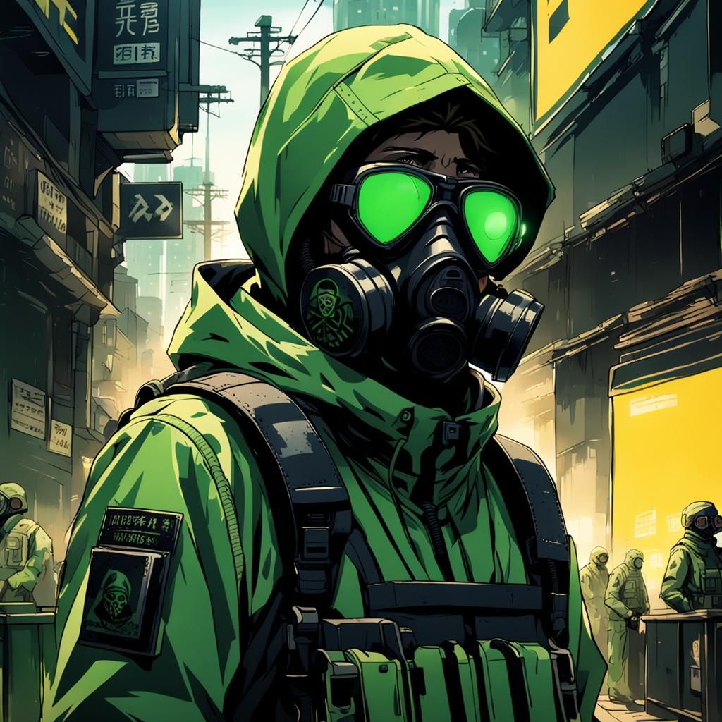Hunter in Hazmat Suit at Military Checkpoint: Anime Style